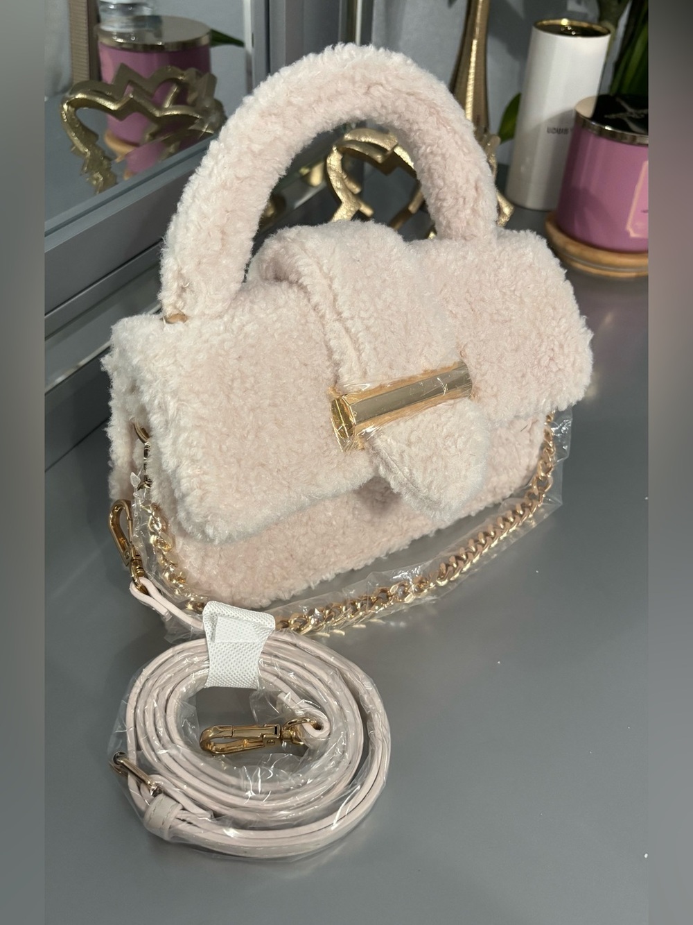 ALDO Plush Faux Shearling Top-Handle Bag in Light Pink with Gold Chain